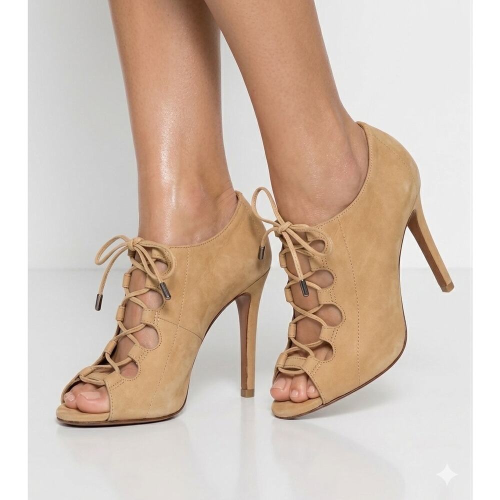 Schutz Women's Tan Nubuck Leather Lace Up Peep Toe Stiletto Bootie Shoes Size 7
